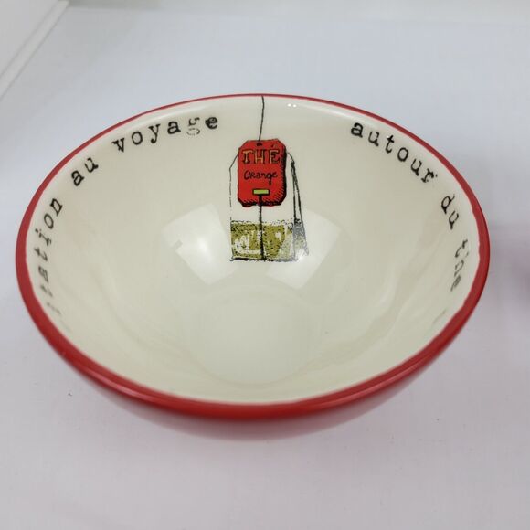 Maisons du Monde Tea Mug Cup & Bowl Set Red & Tan Invitation to Travel NWT - Picture 4 of 10